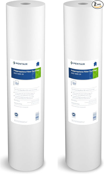 Pentair Pentek DGD-5005-20 Big Blue Water Filter, 20-Inch Whole House Sediment Filter Cartridge Replacement, Dual-Gradient Density Spun Polypropylene, 20" x 4.5", 5 Micron, (Pack of 2), White