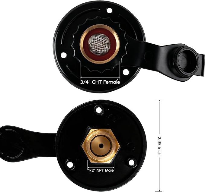 RV City Water Inlet With Check Valve - Lead-Free Brass 3/4 NH Female to 1/2 NPT Male Connection, Ideal RV Water Fill Replacement Flange