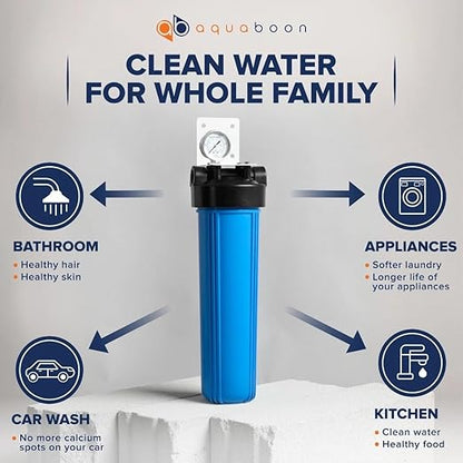 Aquaboon Whole House Water Filter System for Well Water with 5 Micron 20x4.5 Purification Reducing Sediment Cartrige | NSF Certified, Pressure Gauges & Releas, Wrench, Bracket 1" NPT
