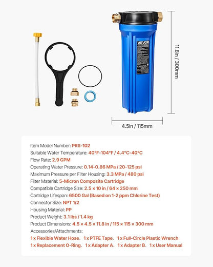 VEVOR RV Water Filter, 2.5 x 10 in Water Filter System for Campers, Remove Sediments, Chlorine, Bad Tastes, Odors, and Most Contaminants, RV Filter for RVs, Boats, Vans