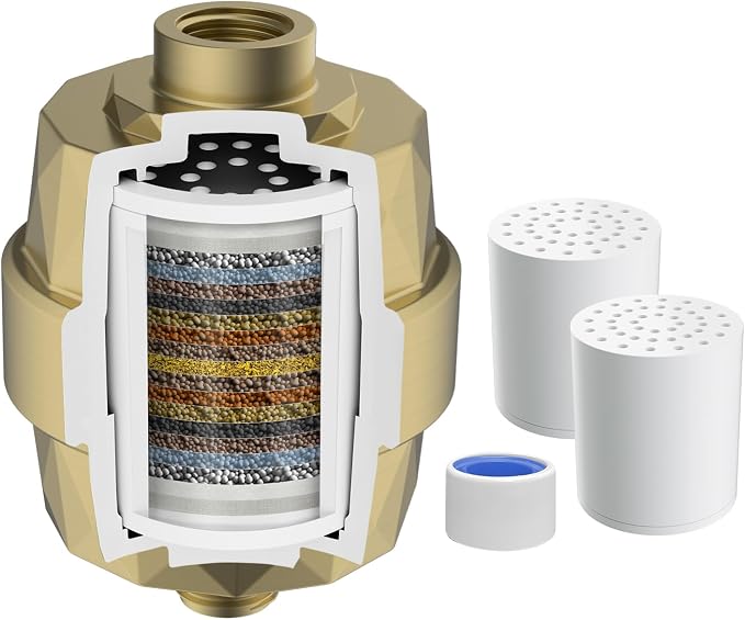 Hibbent Shower Filter for Hard Water, High Output Shower Head Filter to Remove Chlorine and Fluoride, 20 Stage Showerhead Filter, Shower Water Filter with 2 Replaceable Filter Cartridges, Brass Gold