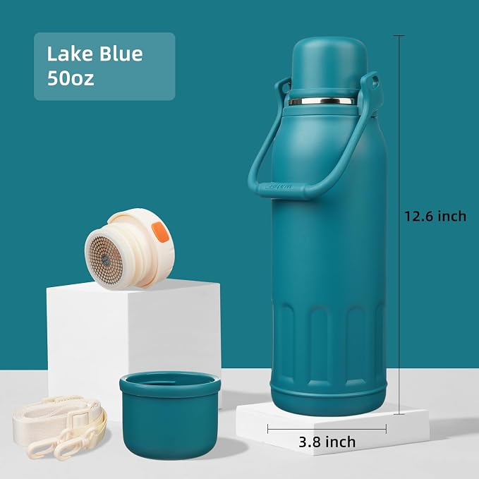 Konokyo Insulated Water Bottle with Handle and Strap,Vacuum Travel Tumbler with Cup Lid,Thermo Coffee Cup for Hot Cold Drinks 50 OZ,Lake Blue