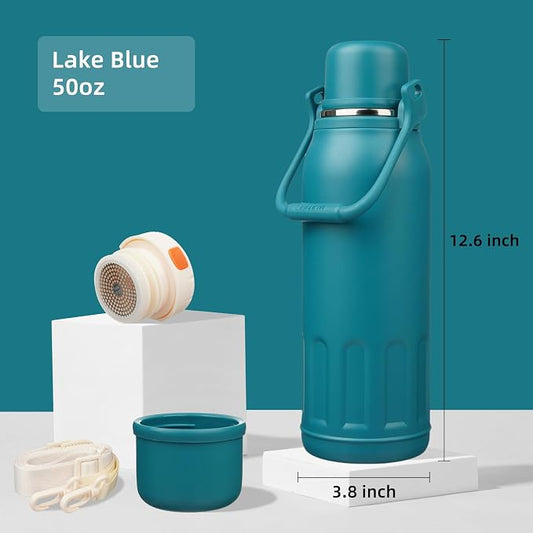 Konokyo Insulated Water Bottle with Handle and Strap,Vacuum Travel Tumbler with Cup Lid,Thermo Coffee Cup for Hot Cold Drinks 50 OZ,Lake Blue