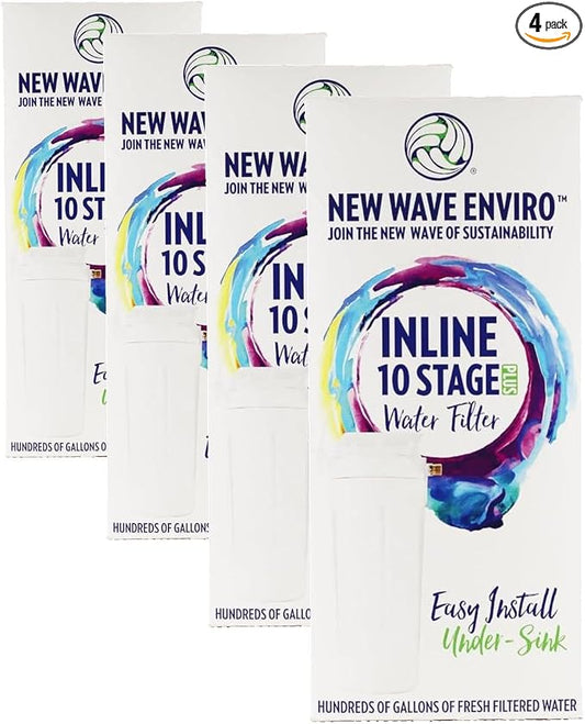 New Wave Enviro 10 Stage Water Filter, Inline Design, 800 Gallon Filter Life, Renter Friendly WaterFilter, White Color (Pack of 4)