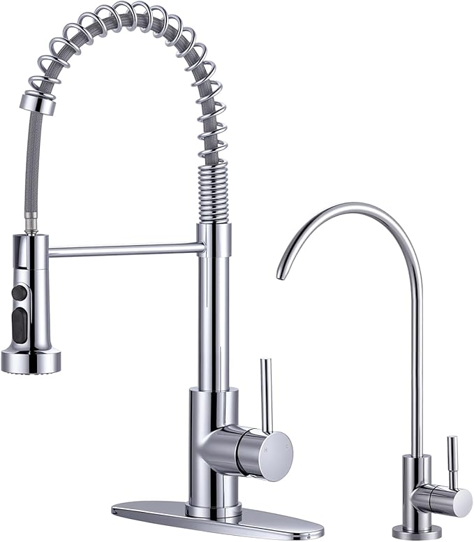 Kitchen Faucet and Water Filter Faucet: Chrome Kitchen Sink Faucet with Drinking Water Faucet - Stainless Steel Single Handle Tap with Pull Down Sprayer for Kitchen Sink Farmhouse Bar
