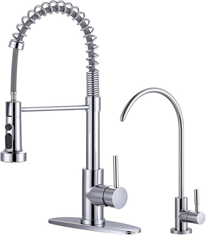 Kitchen Faucet and Water Filter Faucet: Chrome Kitchen Sink Faucet with Drinking Water Faucet - Stainless Steel Single Handle Tap with Pull Down Sprayer for Kitchen Sink Farmhouse Bar
