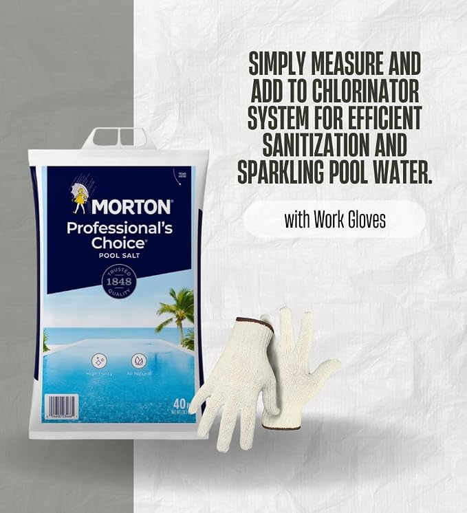 Morton Professionals Choice Granule Pool Salt 40 lb Bundle with Work Gloves – Fast-Dissolving Salt for Softer Water and Comfortable Swimming Experience – Gift Set (2 Items)