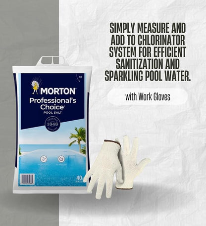Morton Professionals Choice Granule Pool Salt 40 lb Bundle with Work Gloves – Fast-Dissolving Salt for Softer Water and Comfortable Swimming Experience – Gift Set (2 Items)