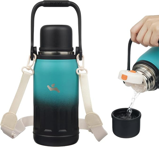 Konokyo Insulated Water Bottle with Handle and Strap,Vacuum Travel Tumbler with Cup Lid,Thermo Coffee Cup for Hot Cold Drinks 27 OZ,TealBlack