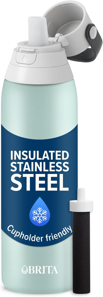 Brita Stainless Steel Premium Filtering Water Bottle, BPA-Free, Reusable, Insulated, Replaces 300 Plastic Water Bottles, Filter Lasts 2 Months or 40 Gallons, Includes 1 Filter, Glacier - 20 oz