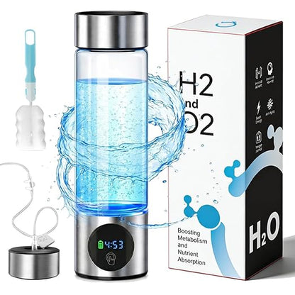Upgrade Hydrogen Water Bottle, 16oz / 460ml Hydrogen Water Generator with SPE/PEM Tech, 5000PPB in 5 Min, Borosilicate Glass with LED Display, Rechargeable Leak-Proof Bottle for Gym, Office &Daily Use