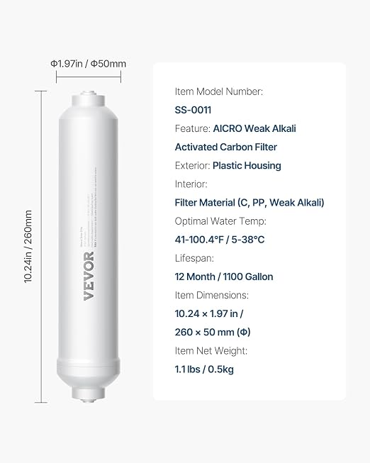 VEVOR Alkaline Water Filter, Universal Remineralization Filter, pH Balance and Restore Essential Minerals, Replace Inline Mineral Filter Fit for Undersink RO System, Water Purifier, 1/4" Quick-Connect
