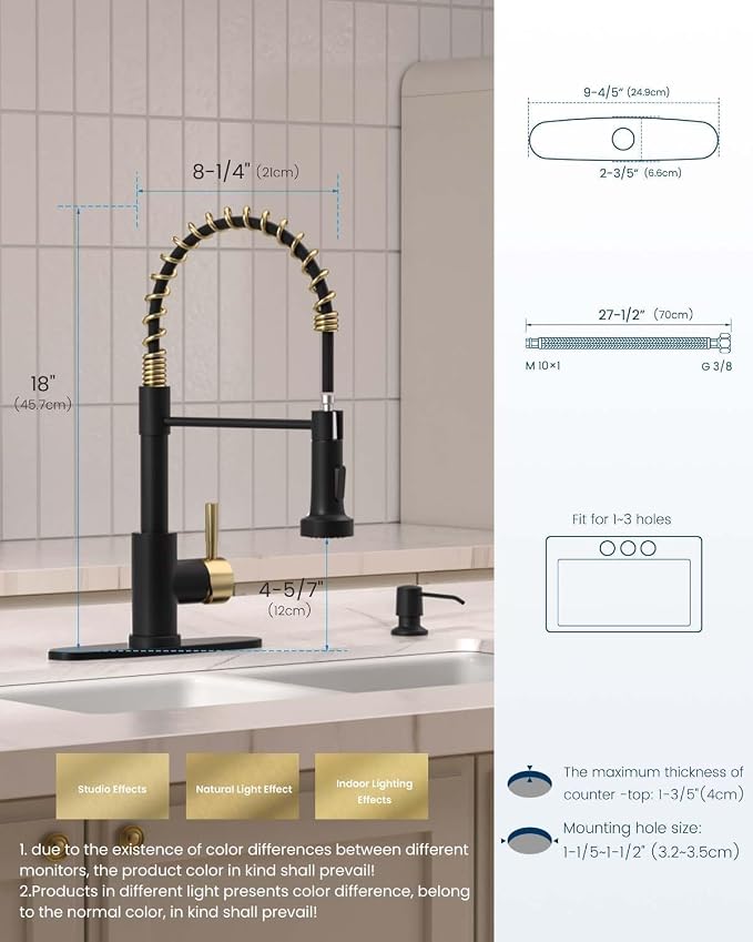 APPASO Black and Gold Spring Kitchen Faucet with Soap Dispenser | NSF/ANSI/CAN 372 & Lead-free, Commercial Single Handle High Arc Faucet for Farmhouse Camper Bar Sink Laundry Room