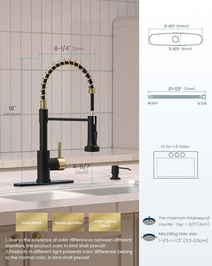 APPASO Black and Gold Spring Kitchen Faucet with Soap Dispenser | NSF/ANSI/CAN 372 & Lead-free, Commercial Single Handle High Arc Faucet for Farmhouse Camper Bar Sink Laundry Room