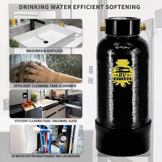 Filterelated 16,000 Grain RV Water Softener – 10L Large-Resin Portable Water Softener with NSF-Certified Resin, 3/4" Brass Fittings & Custom Hose, for RV, Trailer, Boat, Mobile Car Wash