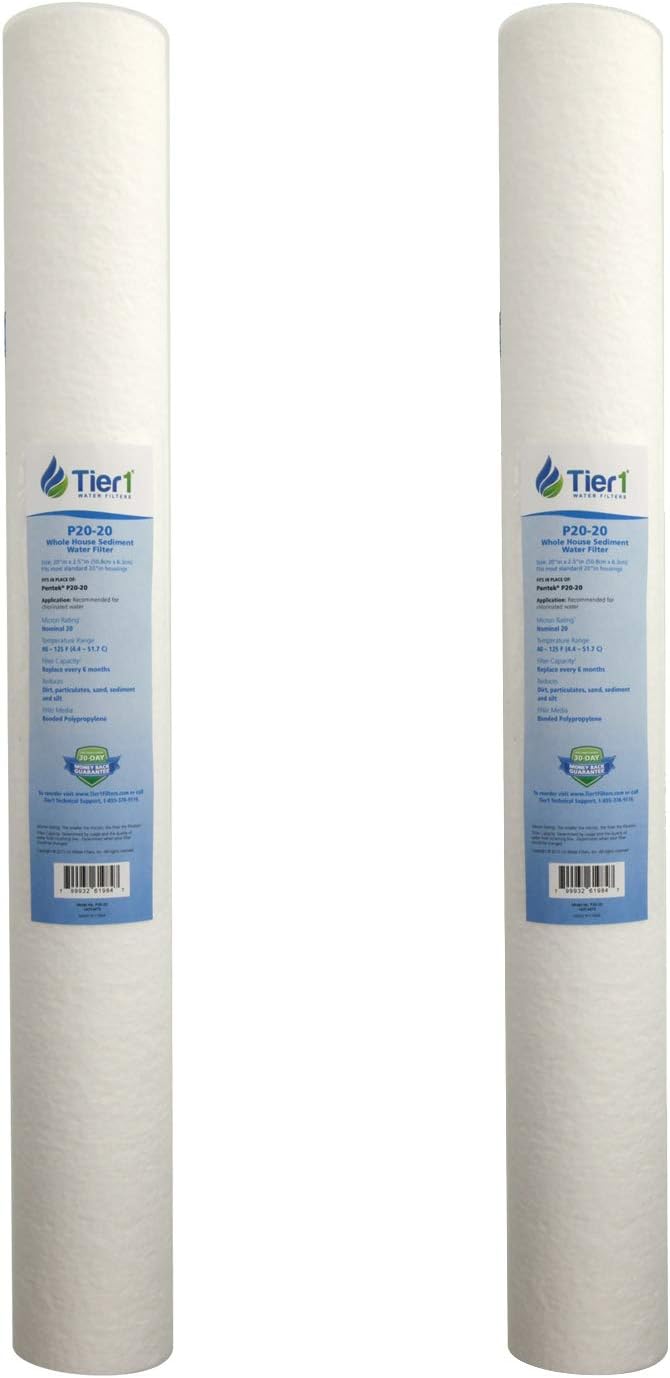 Tier1 20 Micron 20 x 2.5 Water Filter | Spun Wound Polypropylene Whole House Sediment Water Filter Cartridge | Replacement for Pentek P20-20, Purtrex PX20-20 | 2.5 x 20 Whole House Pre-Filter (2-Pack)