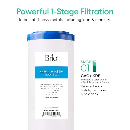 Brio Whole House Water Filter System for Heavy Metal Reduction w/Gauge & Fast-Flow GAC + KDF Filter 4.5" x 10" | Improves Taste & Protects Home Appliances | 720 GPH | 50,000 Gallons or 6 Months