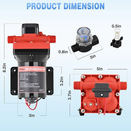 Nilight RV Water Pump, 12v Water Pump 3.0 GPM 55 PSI with Pressure Switch and Strainer Heavy Duty Diaphragm Pump 12 Volt DC Upgrade Self-Priming Low Noice for RV Camper Marine Yacht Caravan Trailer