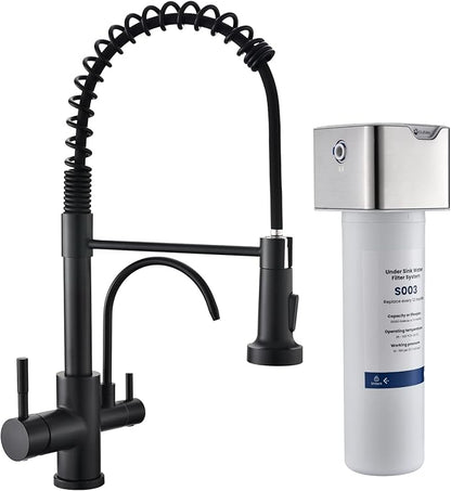 GIMILI 3 in 1 Kitchen Faucet with Pull Down Sprayer Matte Black Two Handle Kitchen Sink Faucet with Under Sink Water Filter System Reduces PFAS, PFOA/PFOS, Lead, Chlorine, Bad Taste & Odor