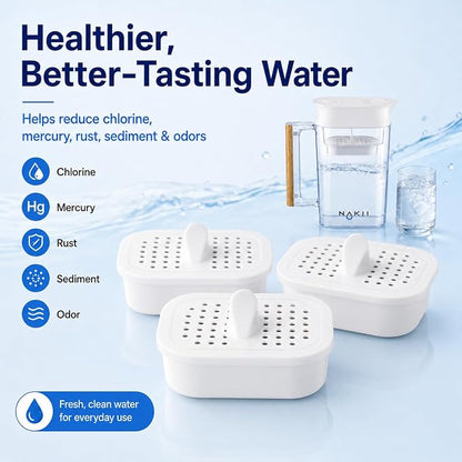 Nakii Genuine Original NFP-100 Replacement Water Filters, Official Nakii Pitcher Filter Refills, 3 Pack, WQA Certified, NSF Grade, 150-Gallon Long Life Filters, Reduces Chlorine, Mercury, Rust & More