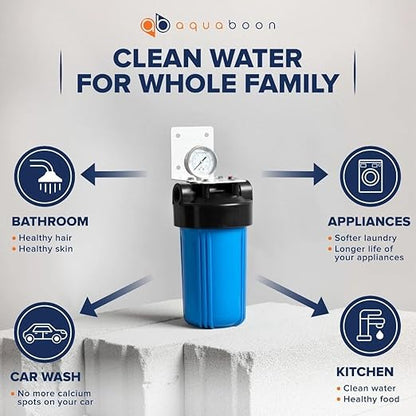 Aquaboon Whole House Water Filter System for Well Water with 5 Micron 10x4.5 Ganular Activated Carbon (GAC) Chlorine Reduction Cartrige | NSF Certified, Pressure Gauges & Releas, Wrench, Bracket 1"NPT
