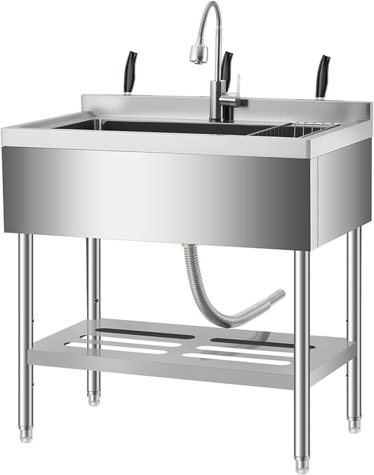 Garvee 36" Stainless Steel Utility Sink Workstation with Faucet, Adjustable Height Freestanding Sink with Storage Drawer, Knife Rack, Hooks & Drain Kit for Kitchen, Laundry, Garage, or Outdoor Use