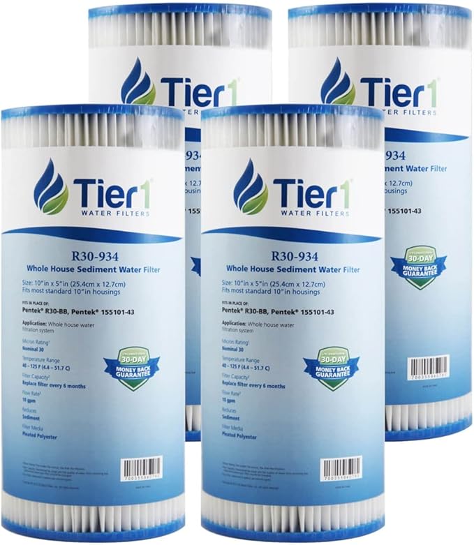 Tier1 30 Micron 10 x 4.5 Water Filter | Pleated Polyester Whole House Sediment Cartridge | Replacement for Pentek R30-BB Water Filter, 155101-43, RS6, SPC-45-1030 | 4.5x10 High Flow Pre-Filter (4pk)