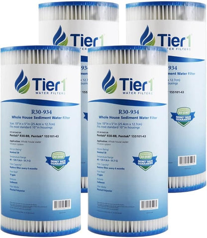 Tier1 30 Micron 10 x 4.5 Water Filter | Pleated Polyester Whole House Sediment Cartridge | Replacement for Pentek R30-BB Water Filter, 155101-43, RS6, SPC-45-1030 | 4.5x10 High Flow Pre-Filter (4pk)
