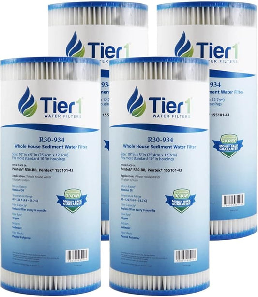 Tier1 30 Micron 10 x 4.5 Water Filter | Pleated Polyester Whole House Sediment Cartridge | Replacement for Pentek R30-BB Water Filter, 155101-43, RS6, SPC-45-1030 | 4.5x10 High Flow Pre-Filter (4pk)