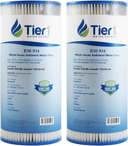 Tier1 30 Micron 10 x 4.5 Water Filter | Pleated Polyester Whole House Sediment Cartridge | Replacement for Pentek R30-BB Water Filter, 155101-43, RS6, SPC-45-1030 | 4.5x10 High Flow Pre-Filter (2pk)