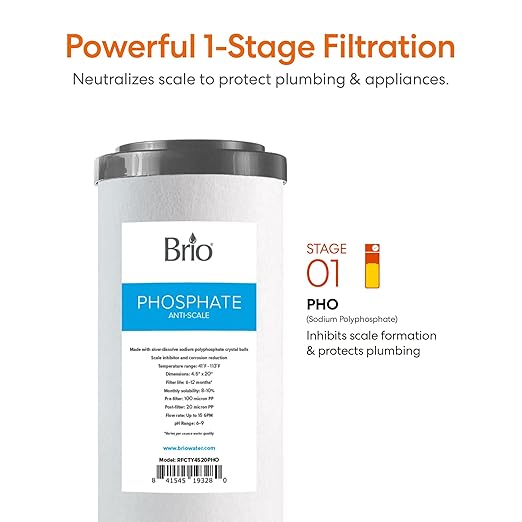 Brio Whole House Water Filter System w/Gauge & Fast-Flow Phosphate Anti-Scale Filter 4.5" x 20" | Removes Dirt, Improves Taste & Protects Home Appliances | 900 GPH | 100,000 Gallons or 12 Months