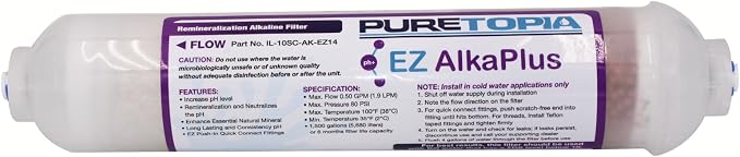 PureT Alkaline Remineralization RO Filter, 2"x10", 1/4" EZ Connect | NSF certified, raises pH, adds calcium & magnesium - RO system mineral enrichment - Homeowners upgrading RO water