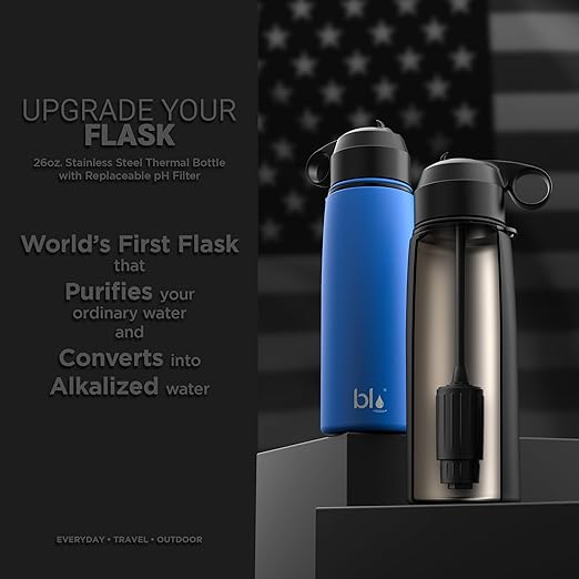 BLU All-in-ONE | Vacuum Insulated Stainless Steel Water Bottle Flask with a Filter (26oz) | Made in The USA | Removes 99.99% contaminants (Regular - Blue)