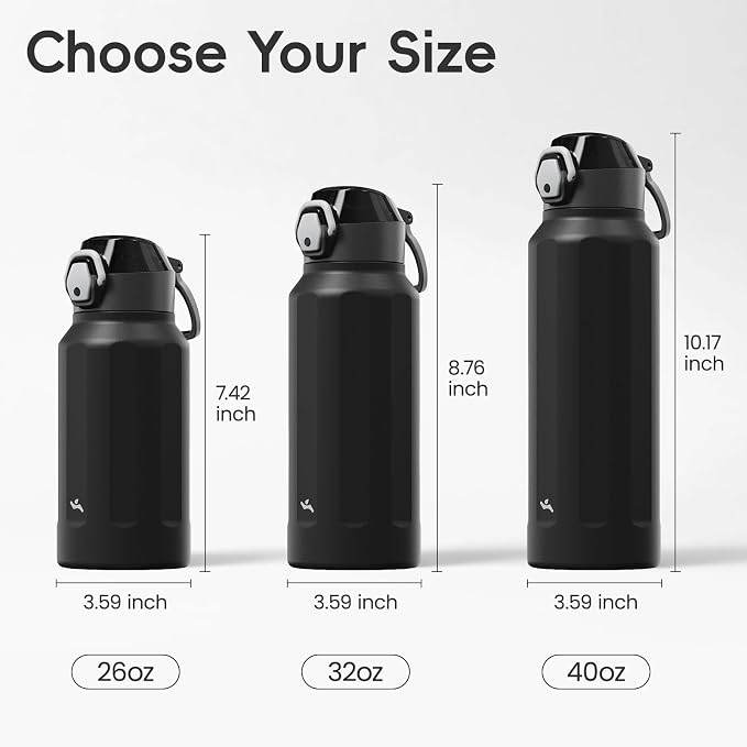 Konokyo FLOWPLAY 40oz Locking Push-Button Water Bottle with Silicone Spout,Leak-Proof,18/8 Stainless Steel Double-Wall Vacuum Insulated for Sports and Travel,BPA-Free,Black