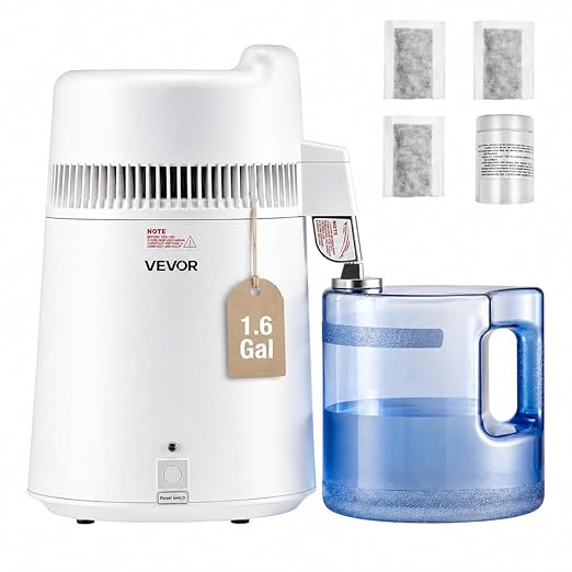 VEVOR Water Distiller, 6L/1.6 Gallon Large Distilled Machine, 900W Distilling Water Maker, 304 Stainless Steel Interior Stiller with Plastic Container, Countertop Distiller for Home, White