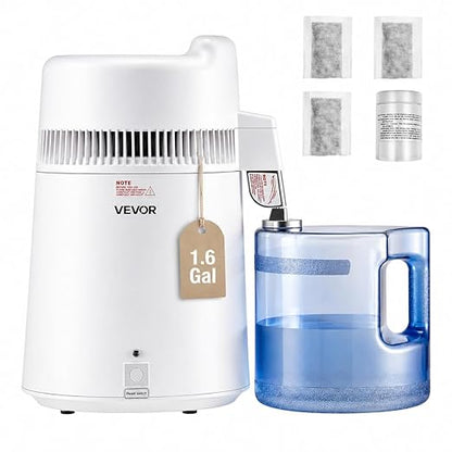 VEVOR Water Distiller, 6L/1.6 Gallon Large Distilled Machine, 900W Distilling Water Maker, 304 Stainless Steel Interior Stiller with Plastic Container, Countertop Distiller for Home, White