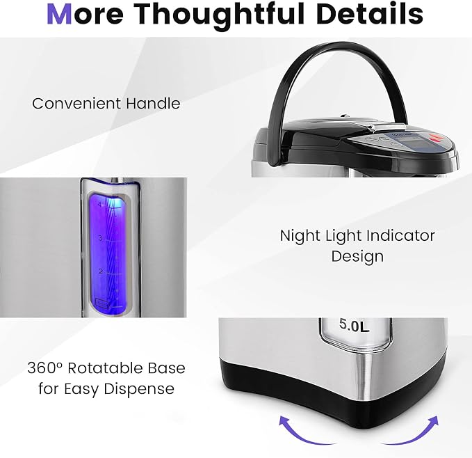 COSTWAY Instant Electric Hot Water Boiler and Warmer | 5-Liter LCD Water Pot with 5 Stage Temperature Settings, Safety Lock to Prevent Spillage, Stainless Steel Hot Water Dispenser