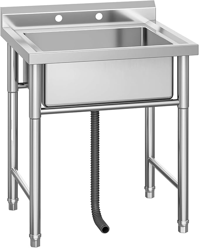 Garvee Outdoor Freestanding Stainless Steel Utility Sink, Commercial Single Bowl Prep Sink with Backsplash for Kitchen, Restaurant, Laundry, Garage, Bar & Workshop – Easy Clean & Anti-Splash Design