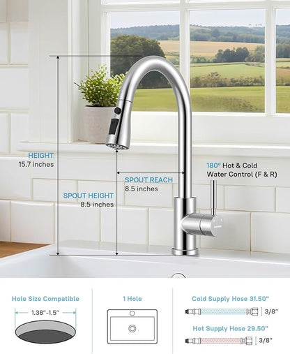 WEWE Kitchen Faucet with Pull Down Sprayer and Soap Dispenser, Polished Chrome High Arc Single Handle Stainless Steel Sink Faucet, Suitable for Farmhouse, RV & Laundry