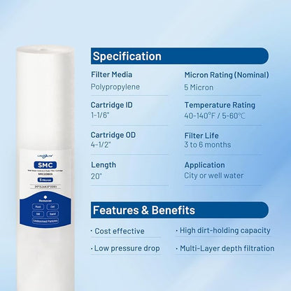 5 Micron 20" x 4.5" PP Whole House Water Filter Cartridge, 2 Pack | Sediment Water Filter Replacement for DGD-5005-20, 155358-43, SDC-45-2005, P5-20BB, FPMB-BB5-20, SP-DD-5005-20BB