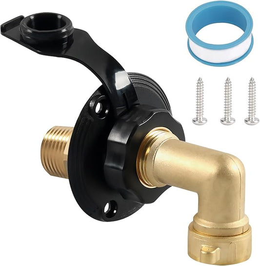 RV City Water Inlet with Check Valve – RV Water Inlet Connection, RV Water Fill Inlet with 3/4" NH Female to 1/2" NPT Male, Ideal for RV, Travel Trailers, Camping, and Boats in Black (with Hose Elbow)