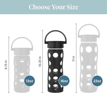 Lifefactory 16-Ounce BPA-Free Glass Water Bottle with Classic Cap and Protective Silicone Sleeve, Onyx