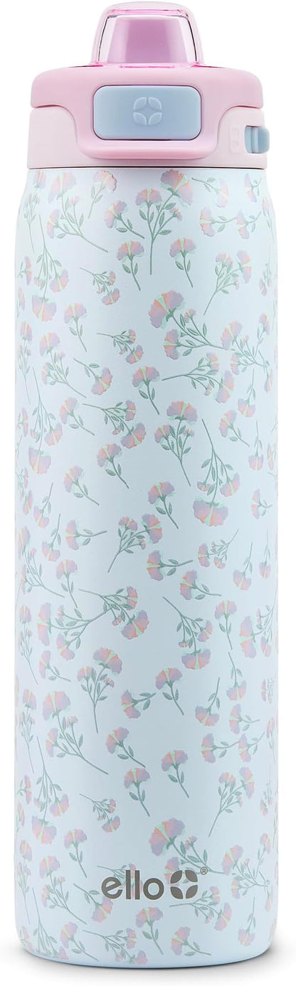Ello Pop & Fill 22oz Stainless Steel Water Bottle with QuickFill Technology, Double Walled and Vacuum Insulated Metal, Leak Proof Locking Lid, Straw and Chug, Reusable, BPA Free, Serene Bloom