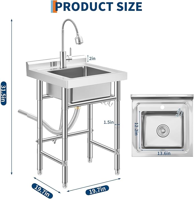 Garvee Stainless Steel Utility Sink with Faucet & Storage Shelf, 304 Single Bowl Freestanding Sink with Adjustable Legs, S-Hooks, Hot & Cold Water Pipes for Kitchen, Laundry, Garage, Farm, Outdoor Use