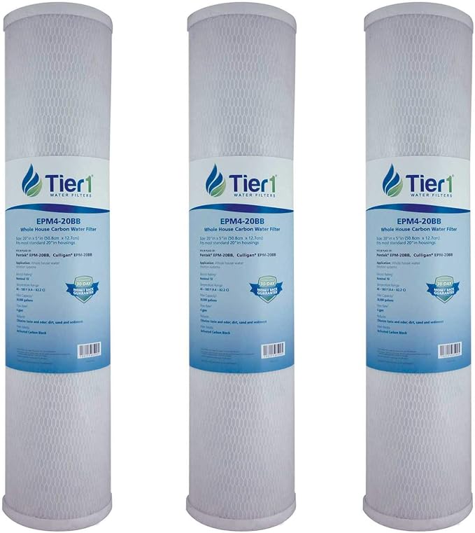 Tier1 10 Micron 20 x 4.5 Water Filter | Whole House Radial Flow Carbon Cartridge | Granular Activated Pre-Filter | Replacement for Pentek EPM-20BB, 155783-43, EPM4-20BB | 4.5 x 20 Water Filter (3pk)