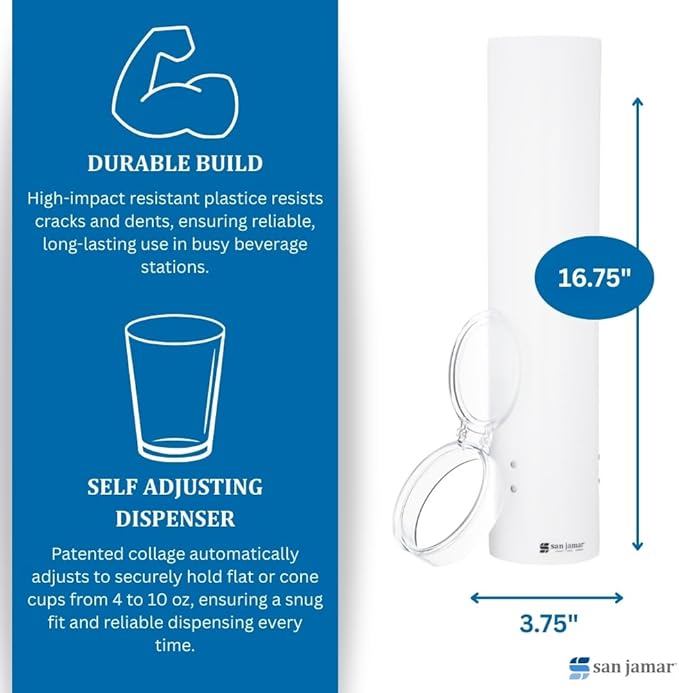 San Jamar Medium Pull-Type Cup Dispenser 4-10 Oz. Cups with Flip Cap for Restaurants, Dining Halls, and Fast Food Plastic, 16 Inches, White