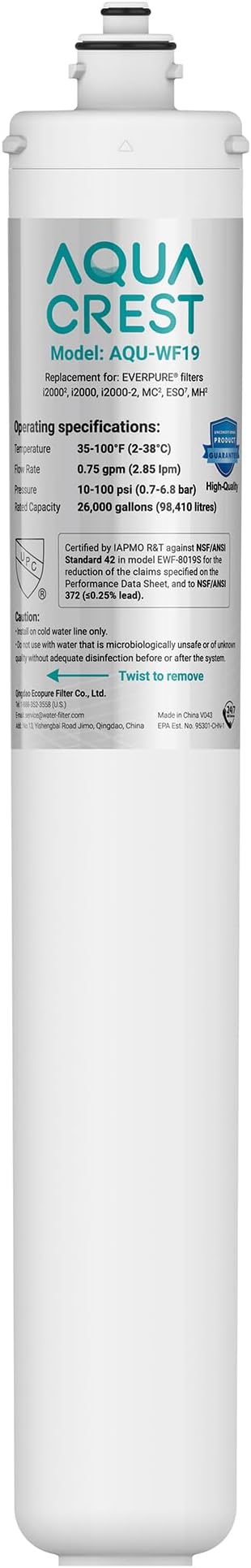 AQUA CREST I2000 Water Filter Replacement for Pentair® Everpure I2000 2 | Compatible with Everpure I2000 2, EV9612-22, MC2, ESO7, MH2, EV9612-56, EV9607-25, EV9613-21, 26000 Gallons