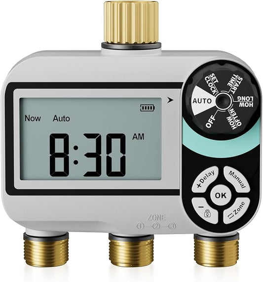 QUOBAS Brass Sprinkler Timer for Garden Hose, Programmable Water Timer | Rain Delay/Auto/Manual 3 Modes, Hose Timer for Hose Faucet with Child Lock, Waterproof Screen, 3 Zone Independent Watering