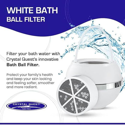 Crystal Quest Bath Ball Filter for Tub Faucet, Bathtub Water Filter, BPA-Free Bathtub Filter, Removes Chlorine, Lead & Impurities, Improves Skin, Hair & Nails, with Extra Cartridge - White