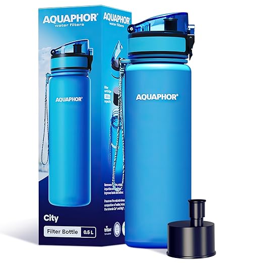 AQUAPHOR City Water Filter Bottle 500 ml | Portable Filtered Water Bottle with Integrated Water Purifier | BPA-Free | Reusable Bottle with Water Filter for Camping, Travel & Outdoor Use | Blue